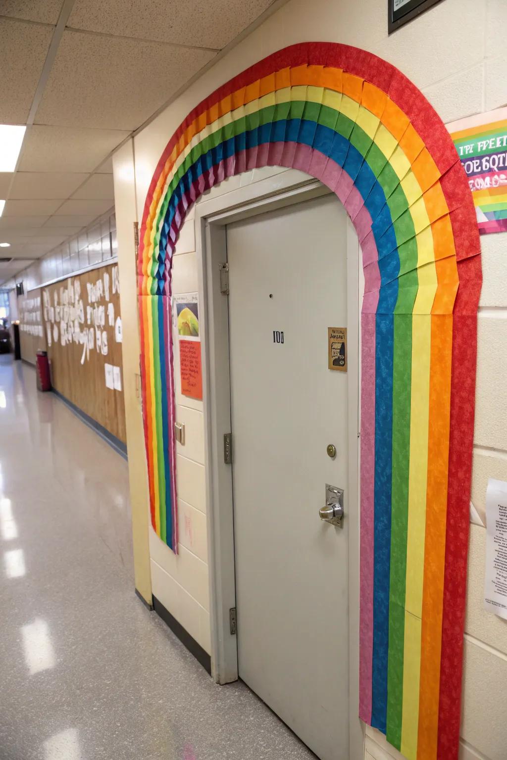 A spectrum of dreams curves over a classroom entrance, fueling creativity and imagination.