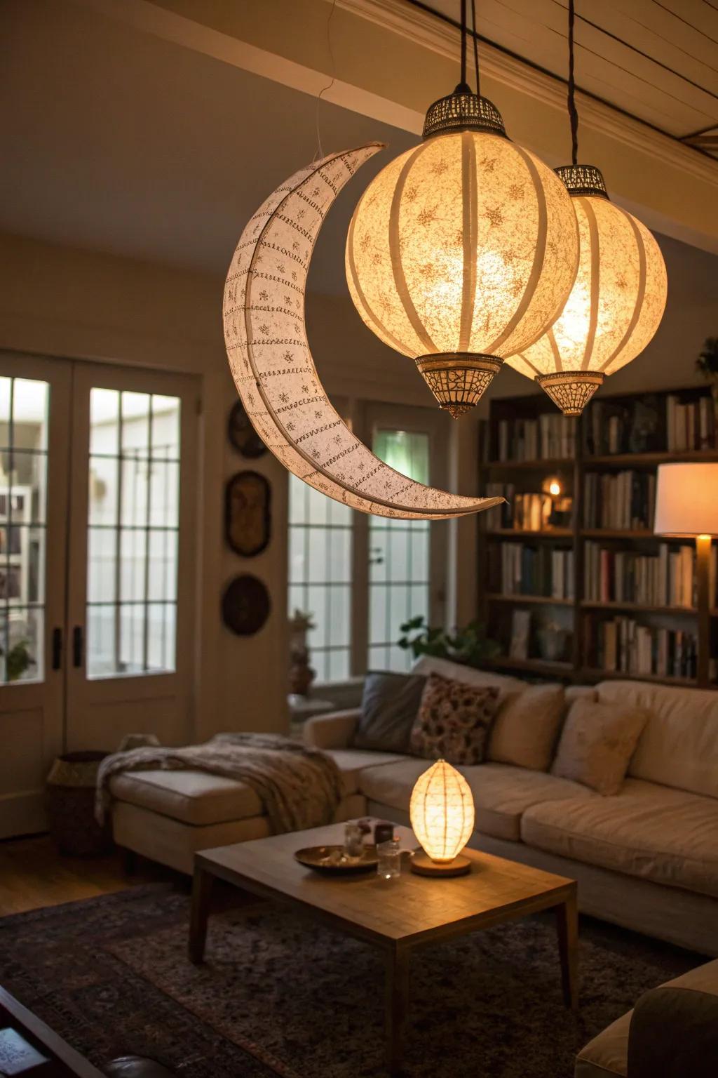 Create an inviting atmosphere with crescent moon lanterns.