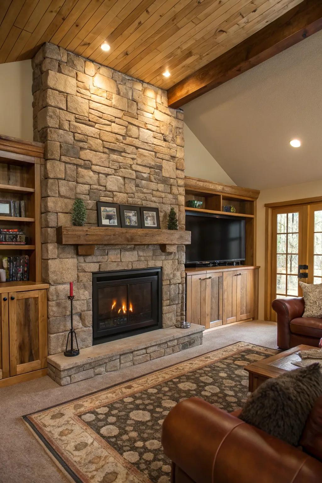 A countryside living area featuring a stone-covered electric fireplace along with warm wood features.