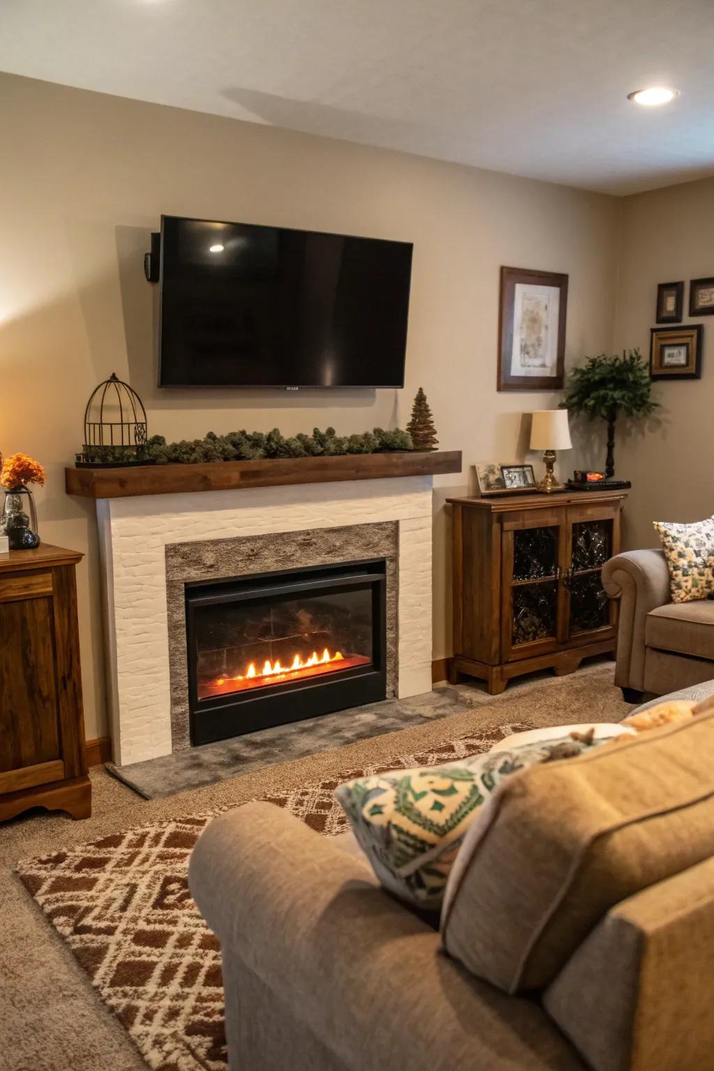 A modern heater introduces warmth and design below a mounted display.
