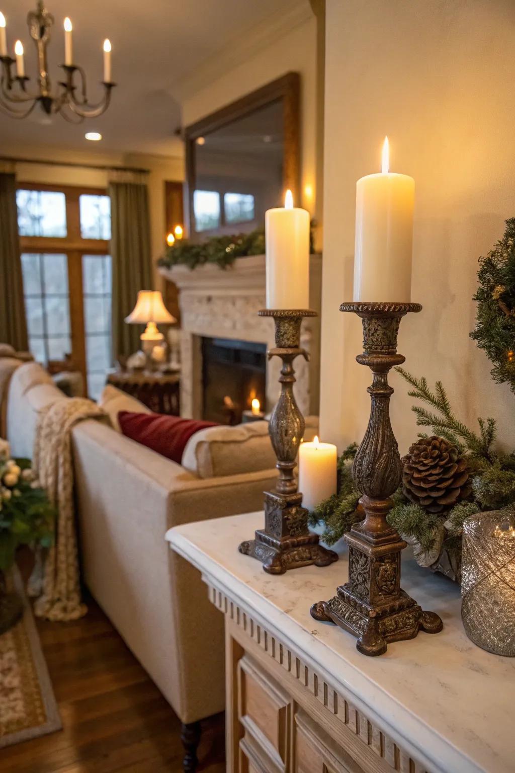 Symmetrical candles cast a warm glow and add elegance.