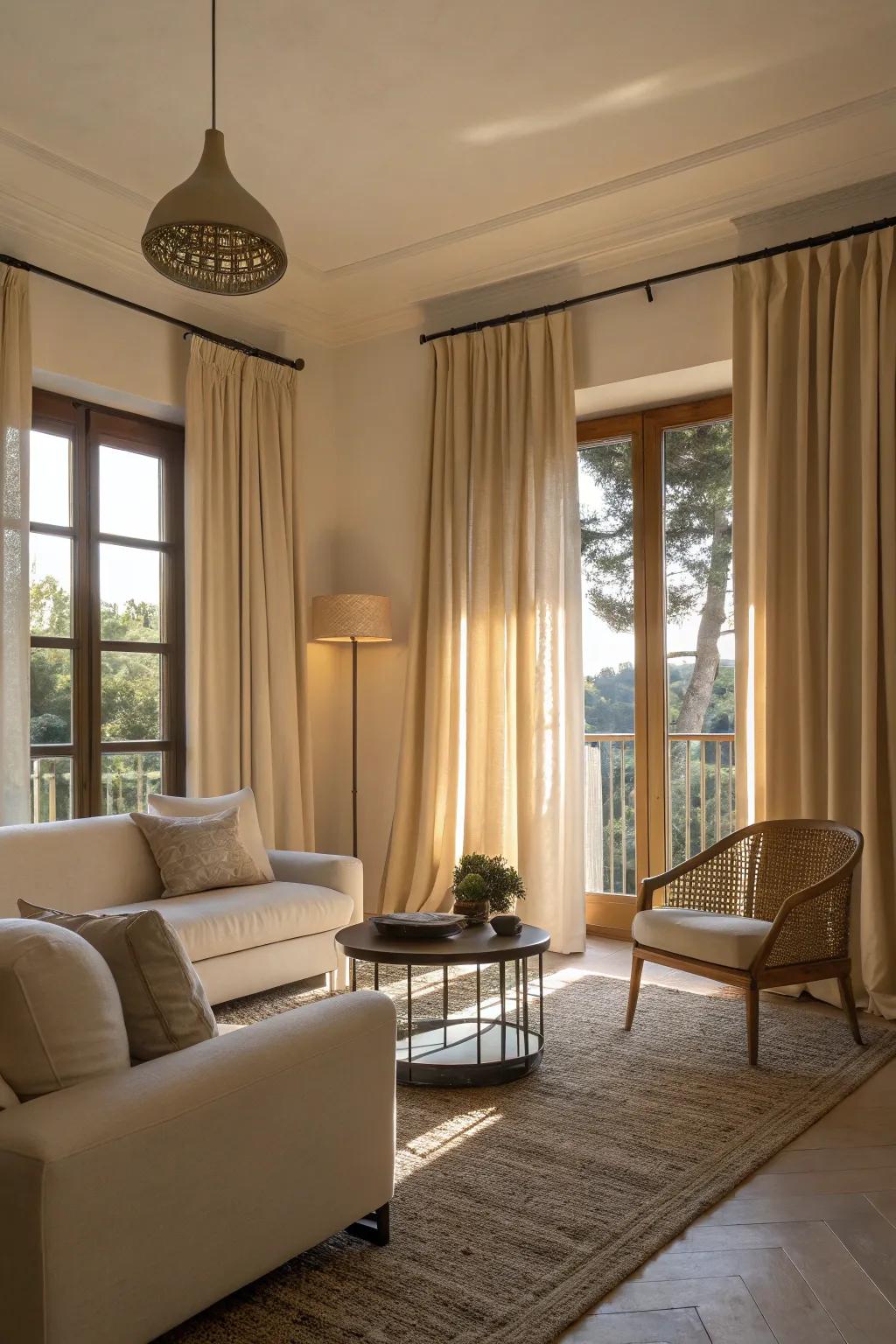 Curtains in a subdued palette establish a tranquil backdrop in a minimalist decor arrangement.