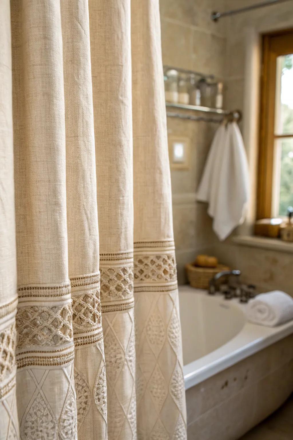 A close-up view of a textured linen shower curtain that adds depth to the bathroom decor.