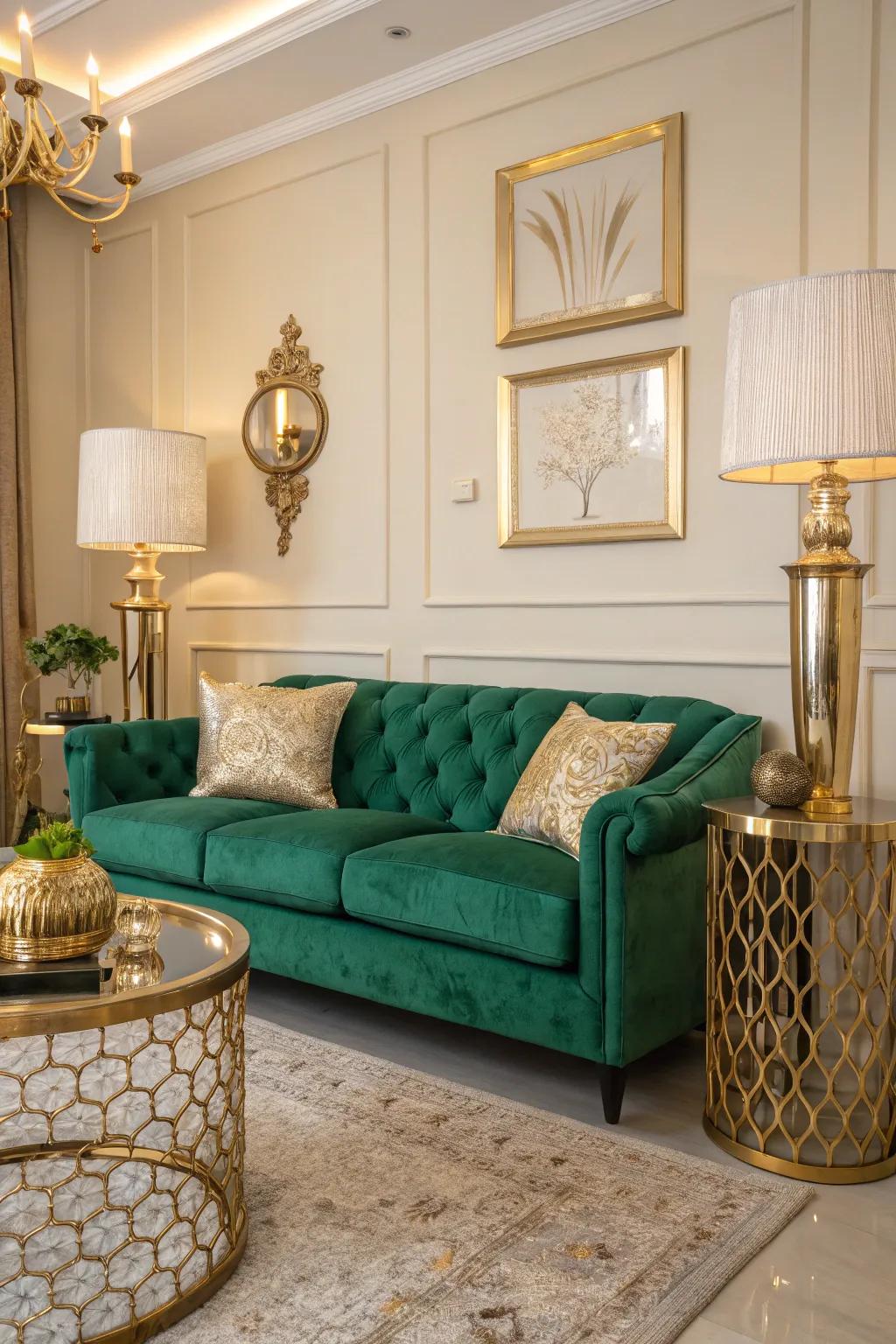 Gleaming gold touches impart luxury to an emerald green sofa.