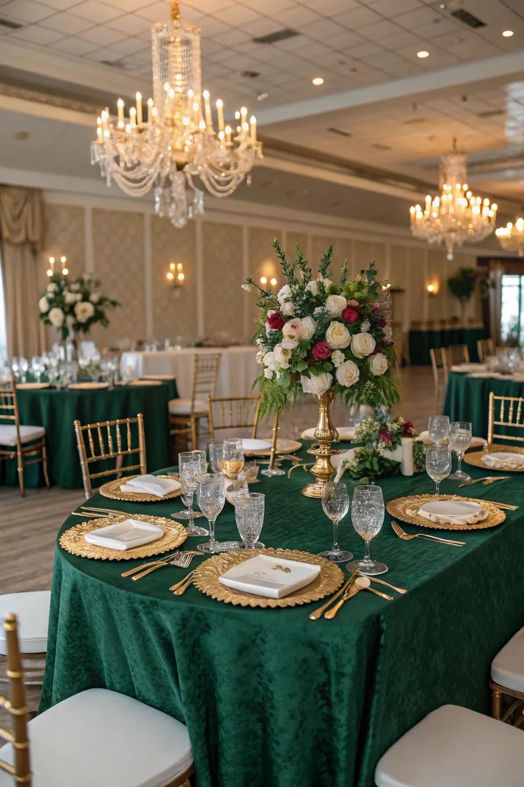 An opulent dining arrangement featuring forest and gilded highlights.