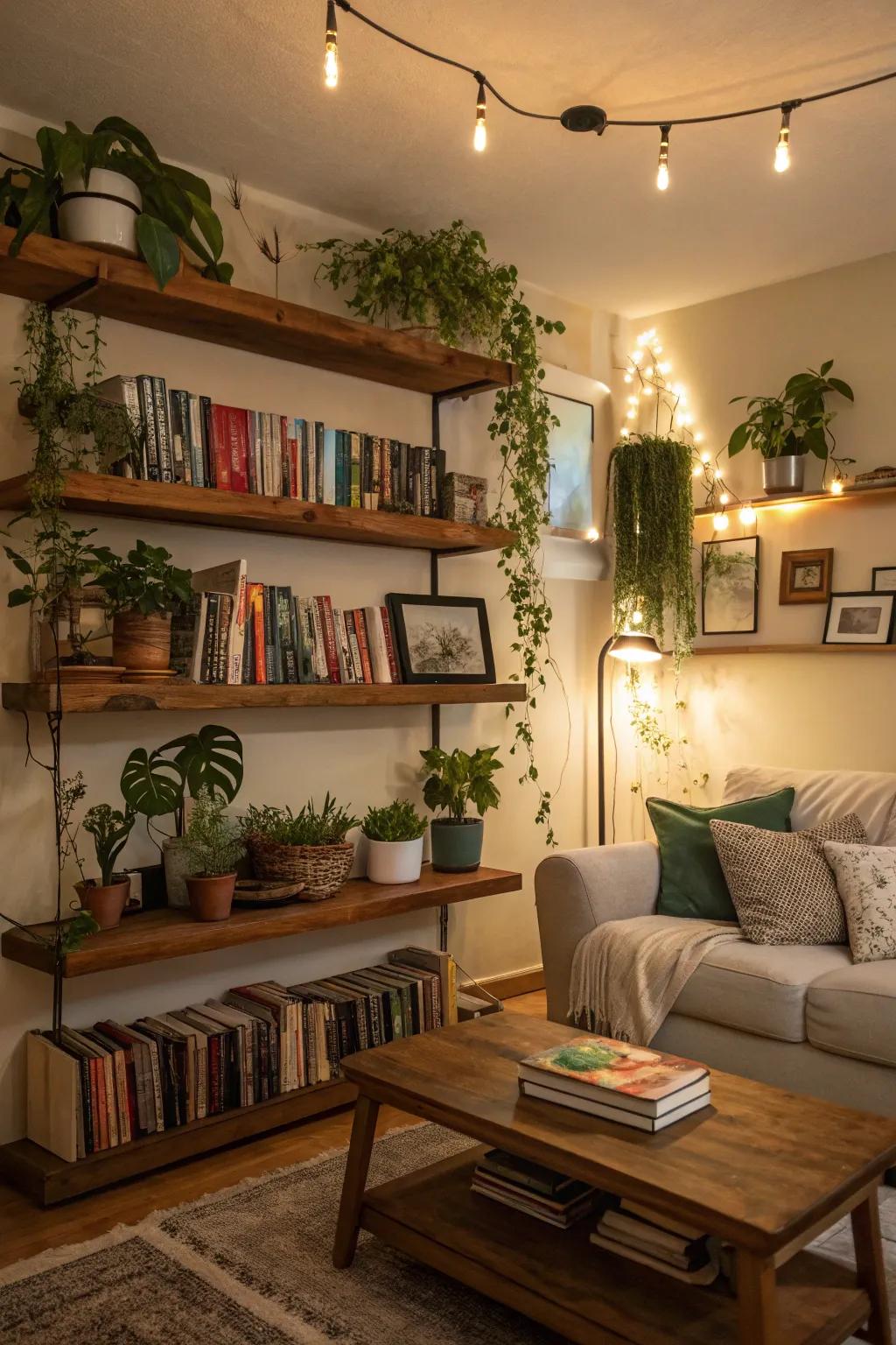 Elevated ledges styled gracefully with literary works and botanical elements.