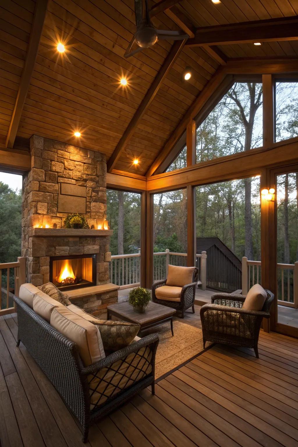 An inviting fireplace nook in an enclosed deck.