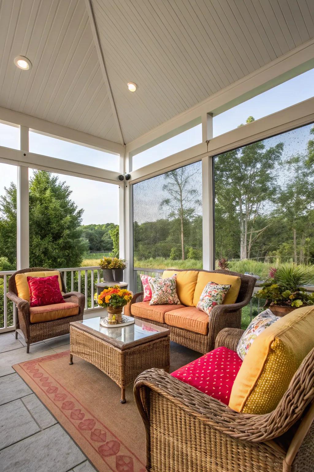 A serene screened-in patio, excellent for appreciating nature free from insects.