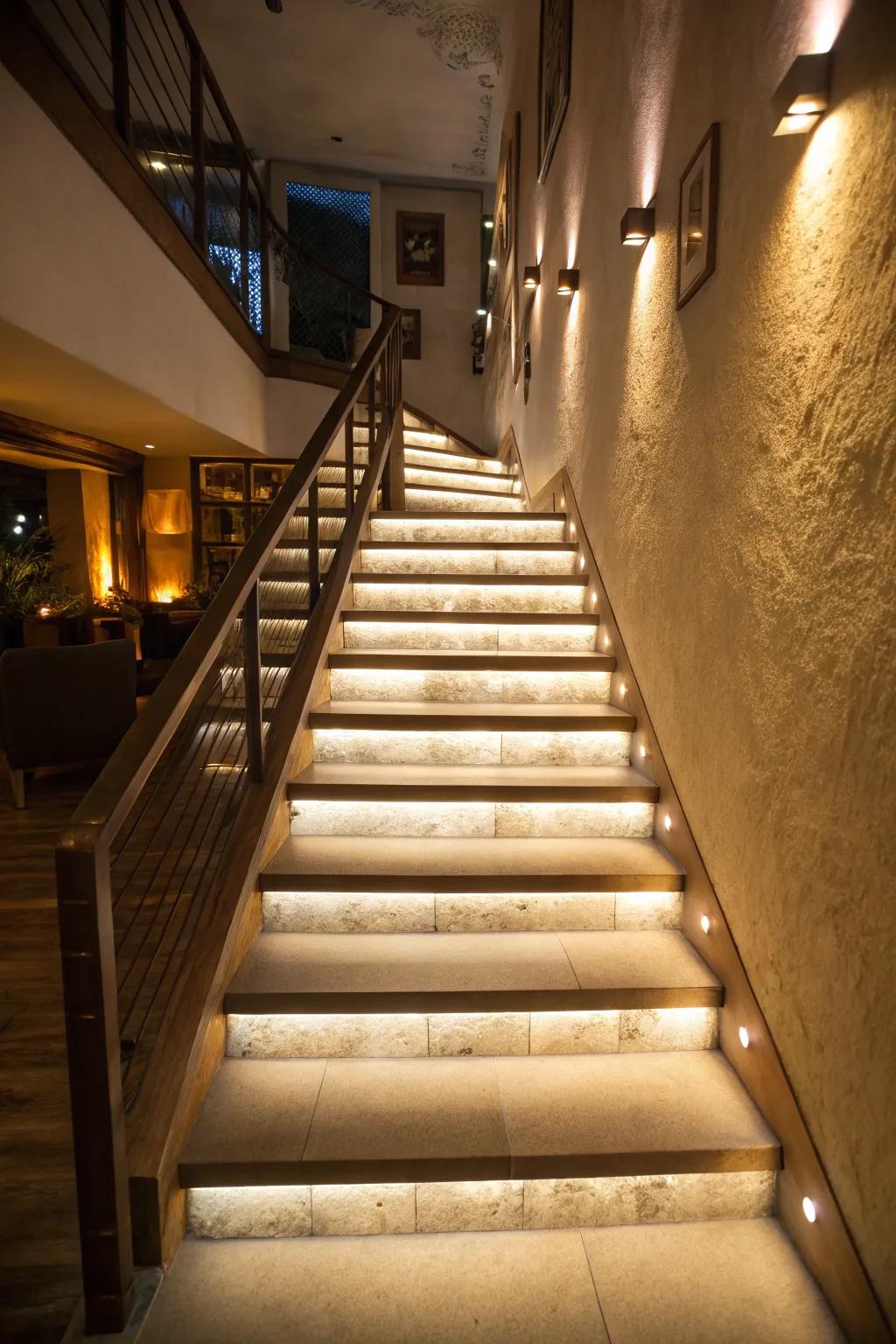 Illuminating stairwells with accent lighting adds a touch of safety and warmth.