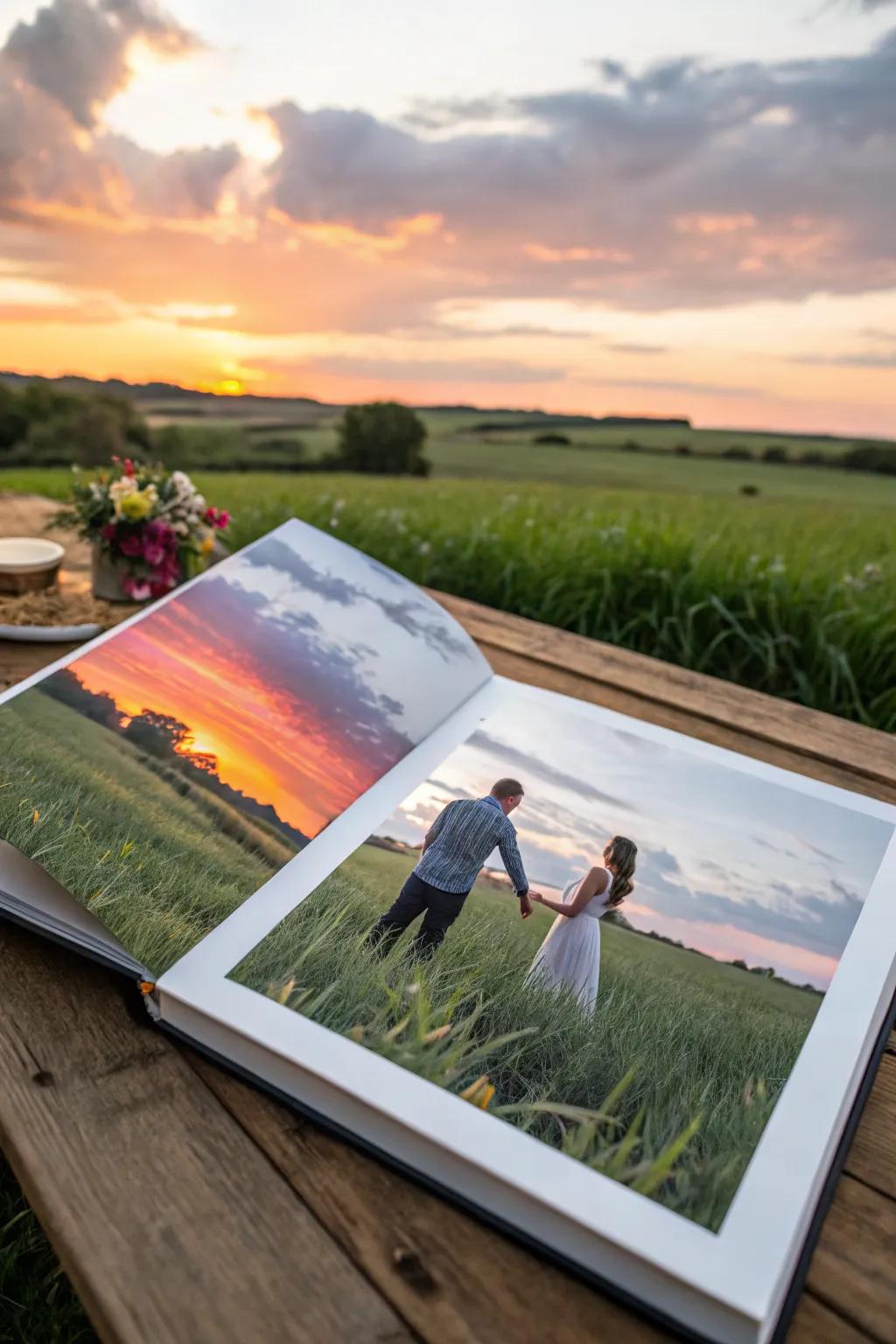 A chronicle page showcasing a couple in a peaceful field as the sun sets.
