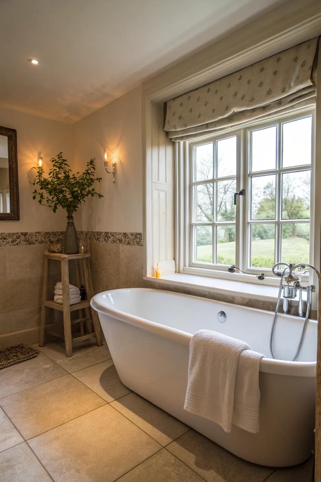 This standalone soaking tub introduces an element of opulence and appeal to this ensuite.