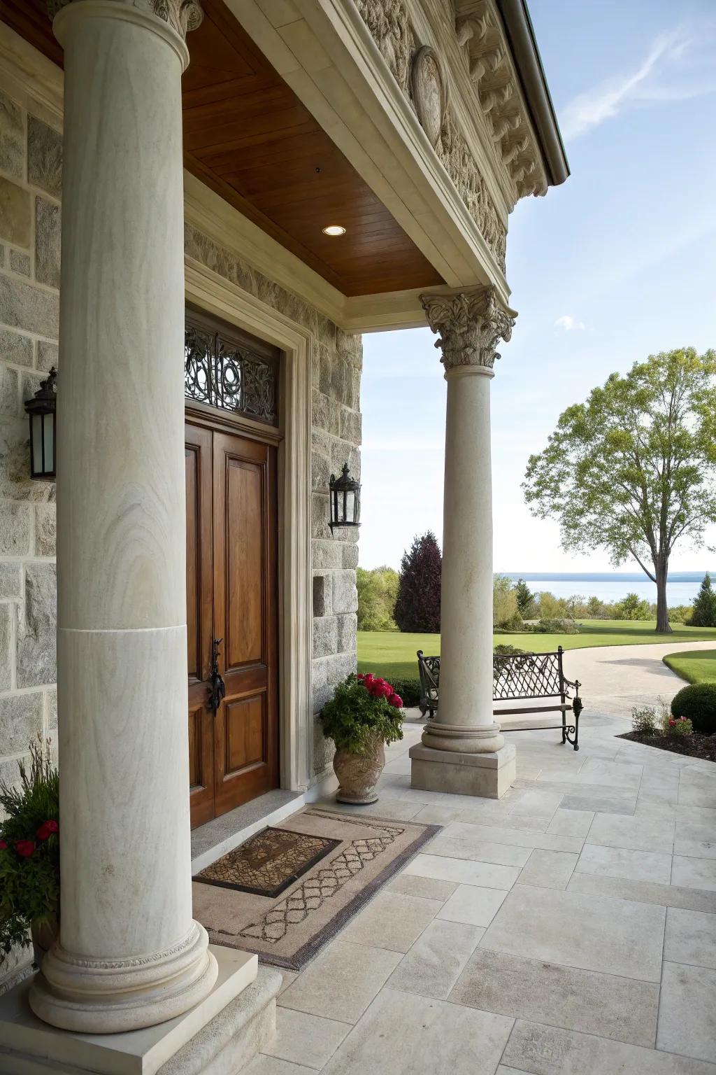 Majestic stone pillars bestow sophistication and support upon a splendid front porch.