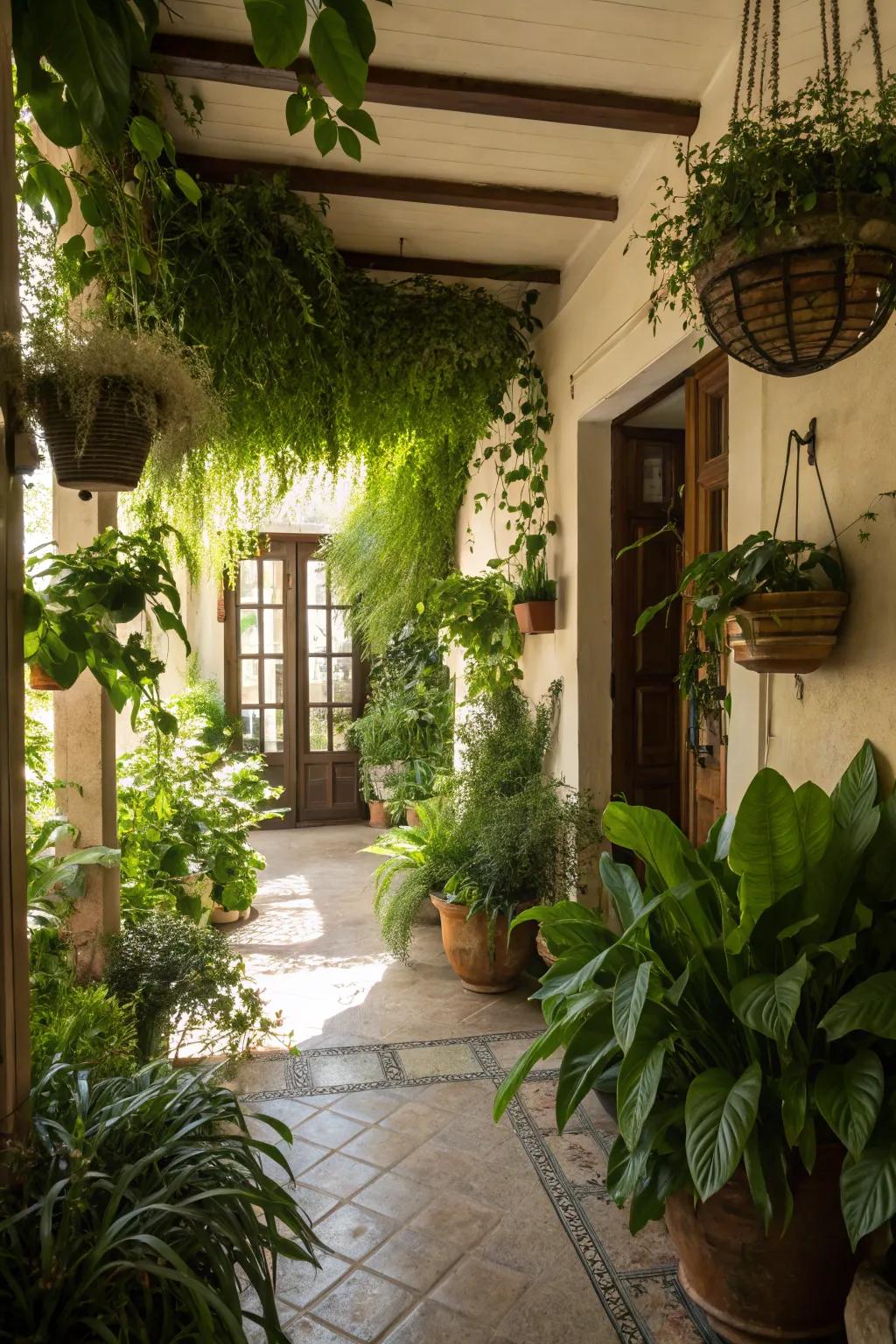 Greenery enlivens your entryway, rendering it welcoming and revitalized.