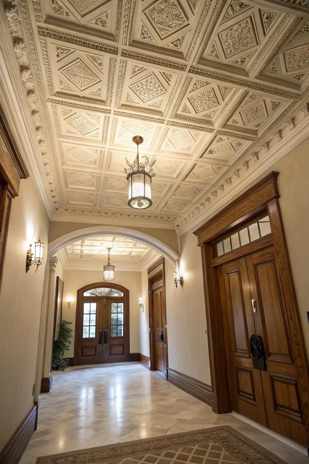 Grid-patterned ceilings amplify the sense of depth and elegance in any entryway.