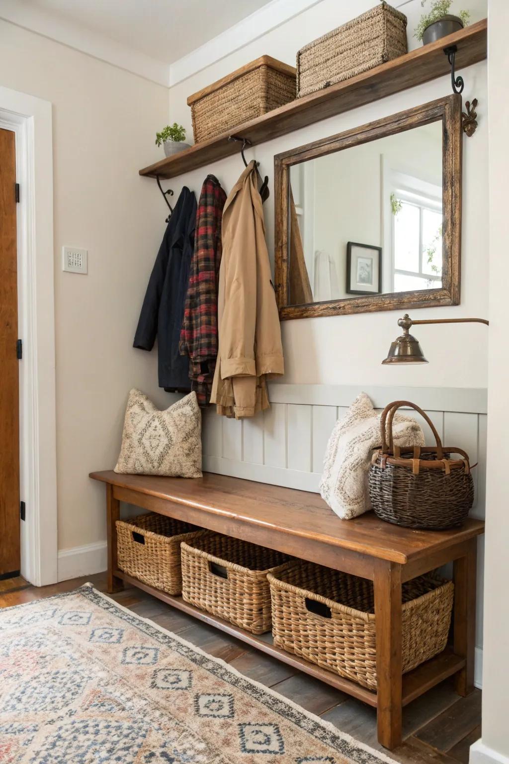 Integrate seating and storage using a small entryway chair.