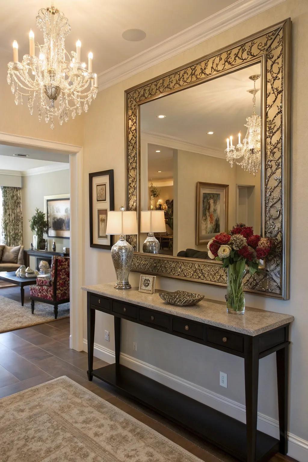 Mirrors work magic by reflecting light, enhancing the entryway's ambiance.
