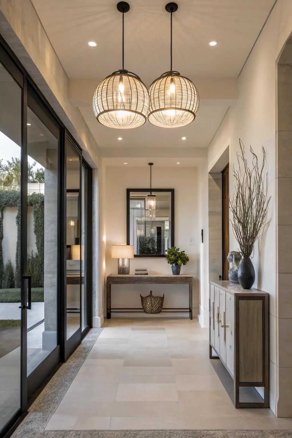 Chic pendant lights give a modern lift to this fashionable entryway.
