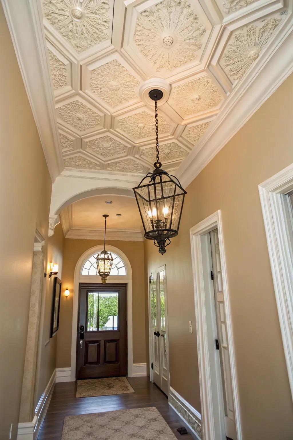 Ceiling trim uplifts the entryway to an opulent dimension.