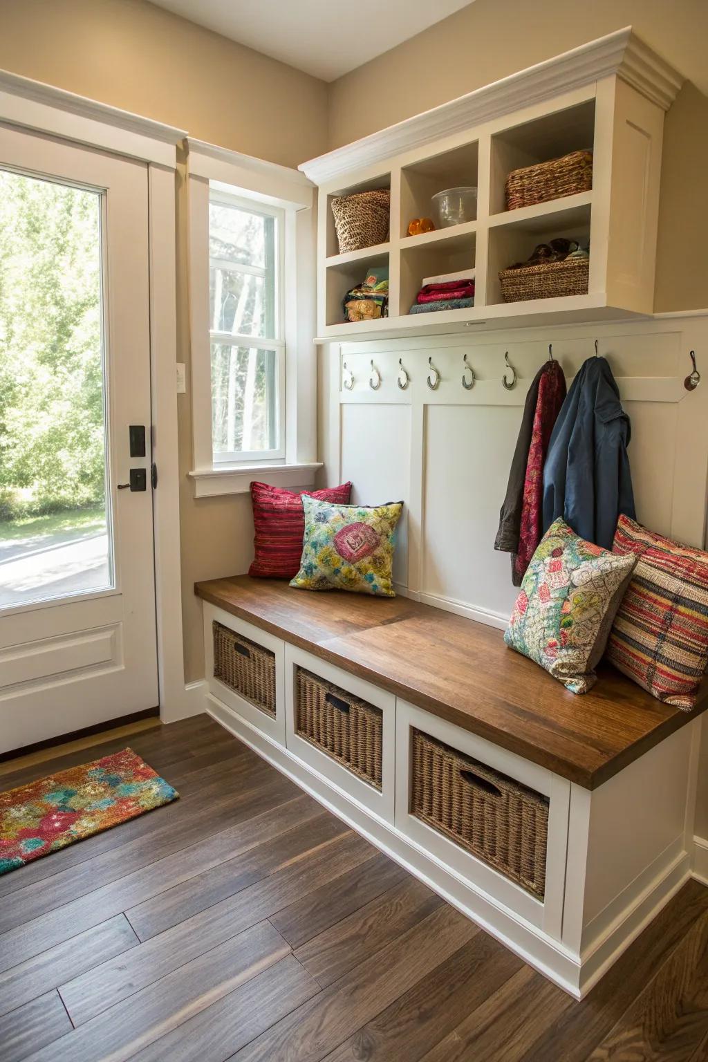 A cozy bench with hidden storage enhances both functionality and comfort.