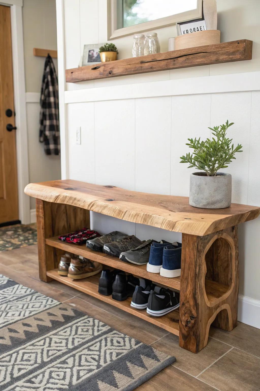 A seat provides both seating and hidden storage.