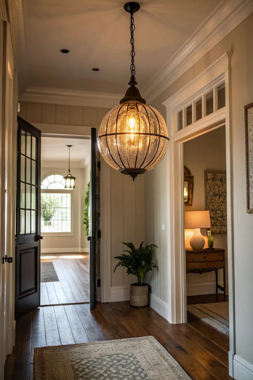 An entryway showcasing a pendant lamp with a standout bulb aesthetic that introduces a playful element.