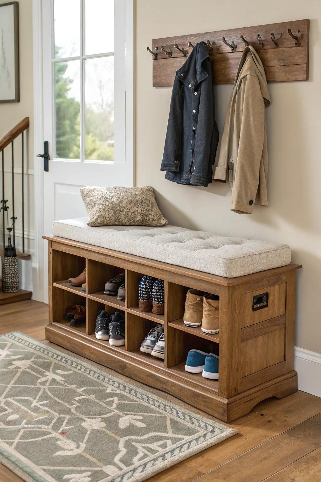 A versatile shoe bench that functions as a seat and storage unit.