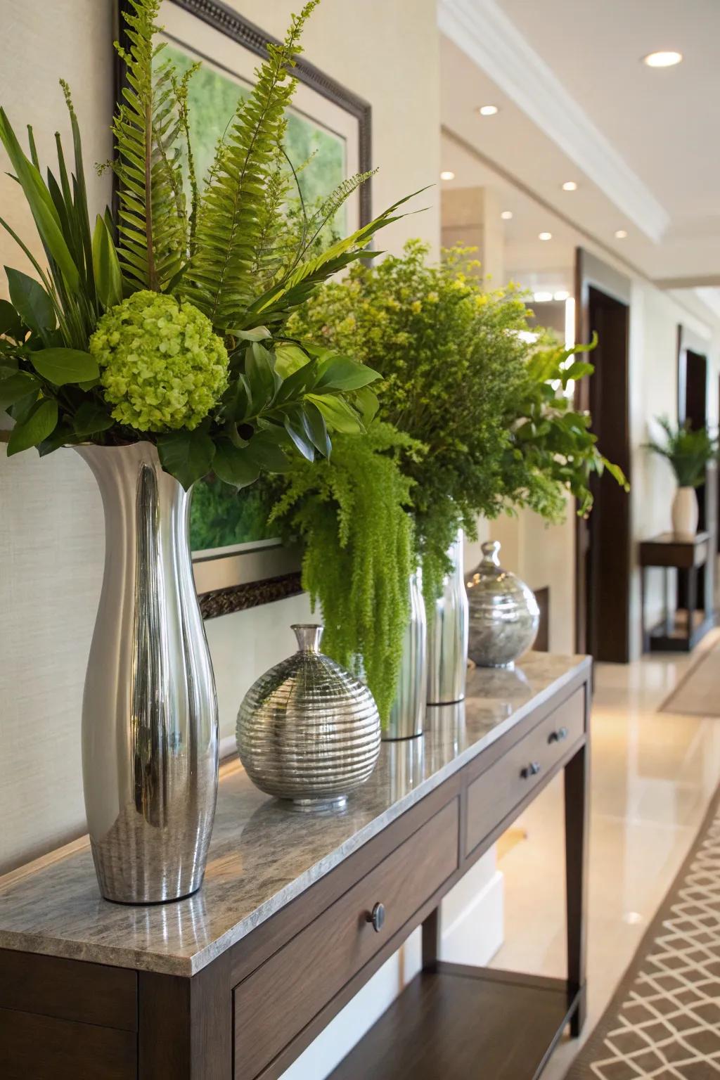 Vases containing foliage inject a lively and organic vibe into your entryway.
