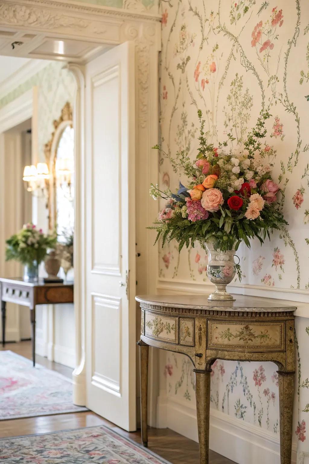 Charming entryway with floral wallpaper for a touch of natural elegance.