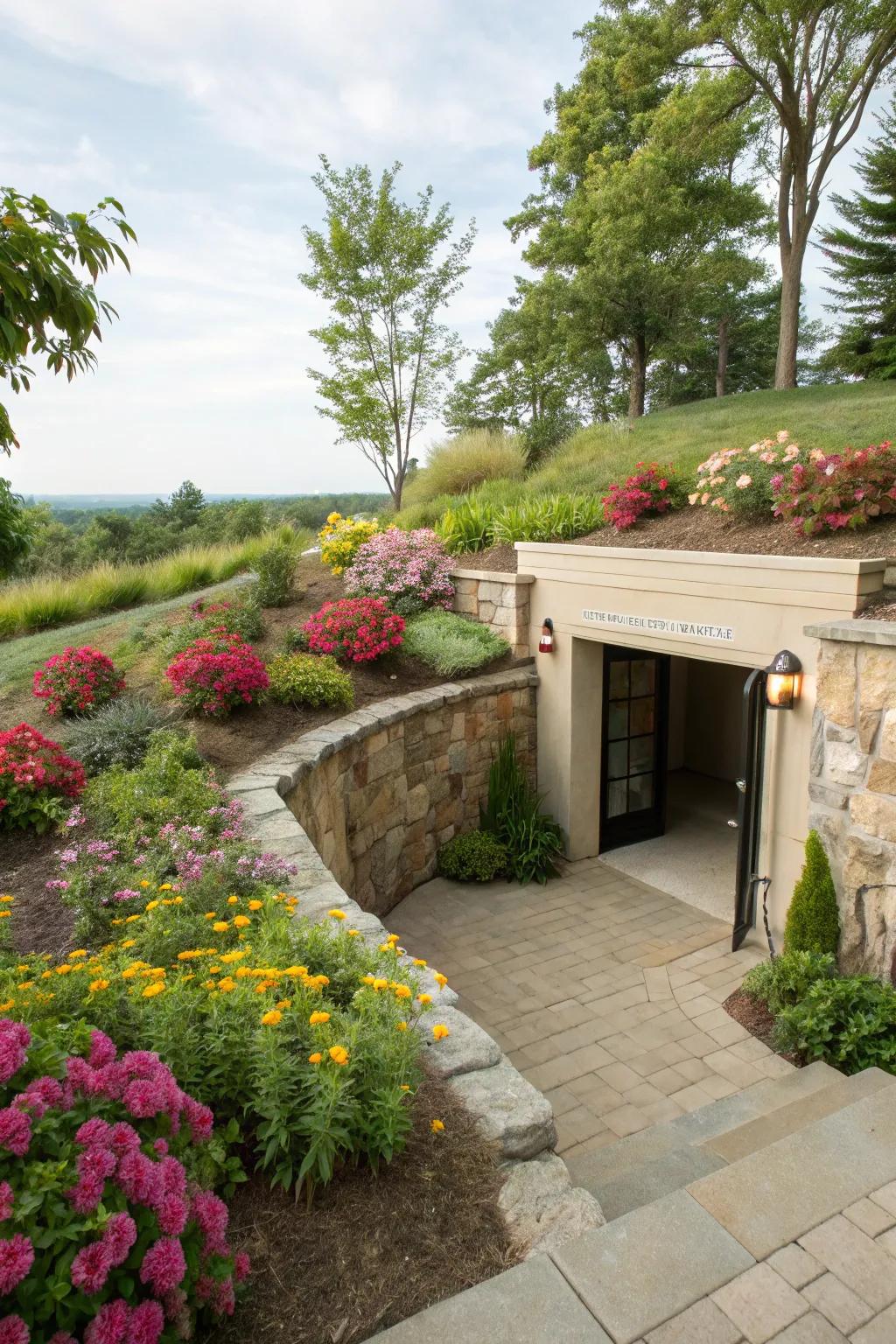 Flourishing greenery crafts a welcoming environment for your basement entrance.