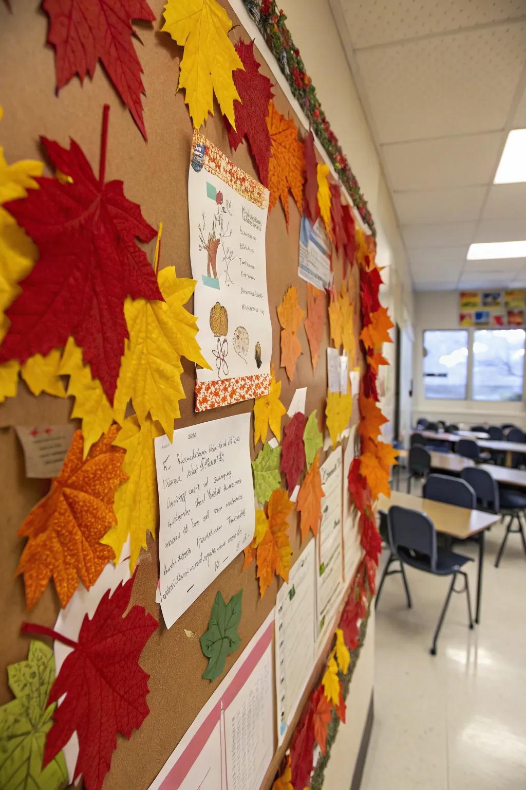 A gratitude-filled autumn leaves bulletin board.