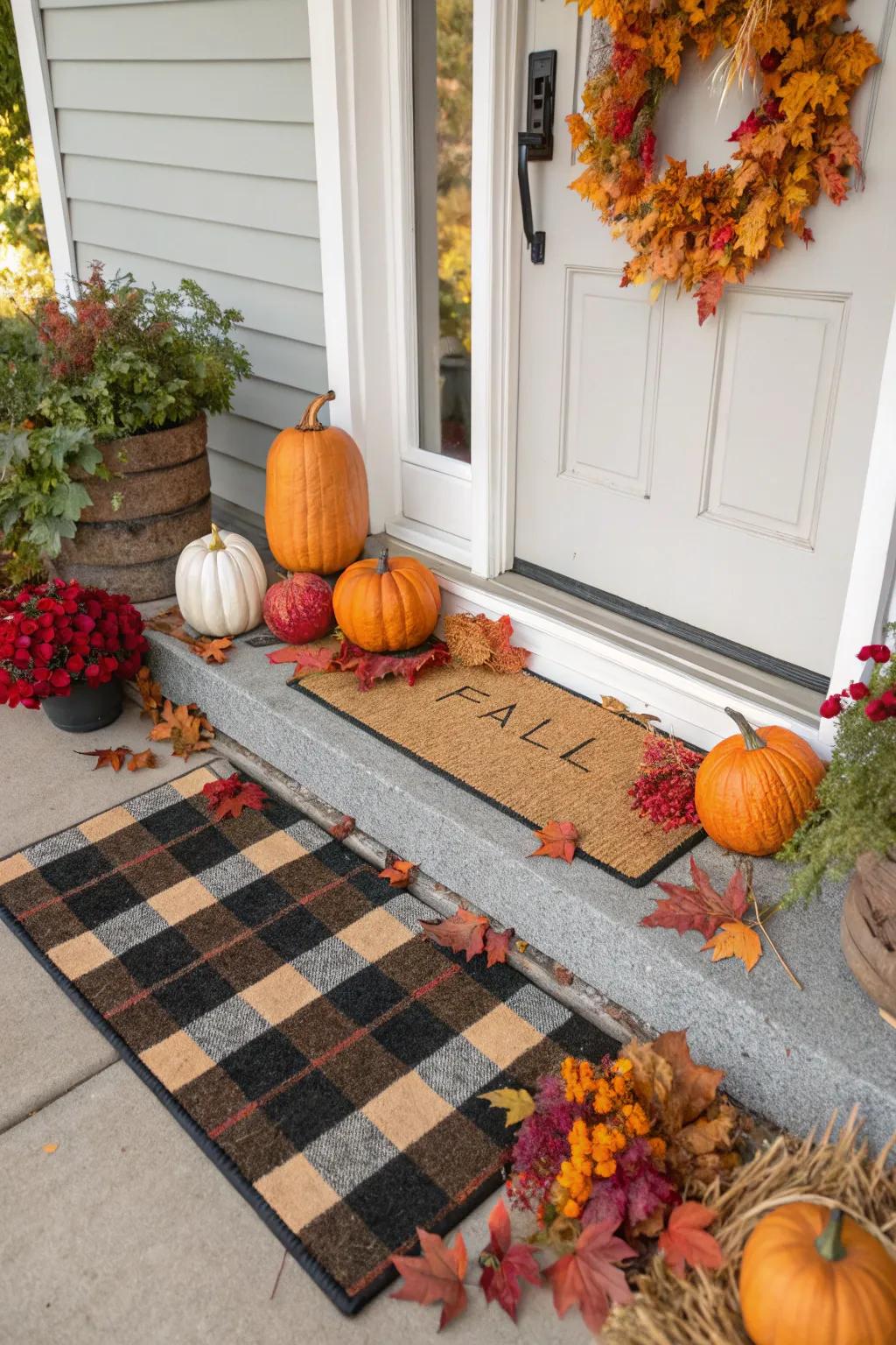 A snug layered front mat arrangement with tartan features.