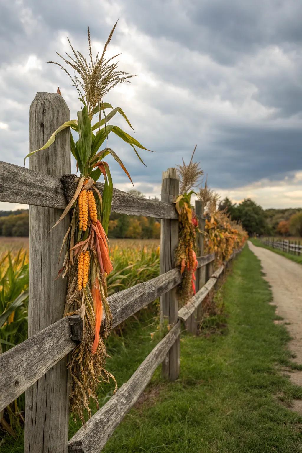 Maize stalks secured to fence pillars impart a rustic allure to any yard.