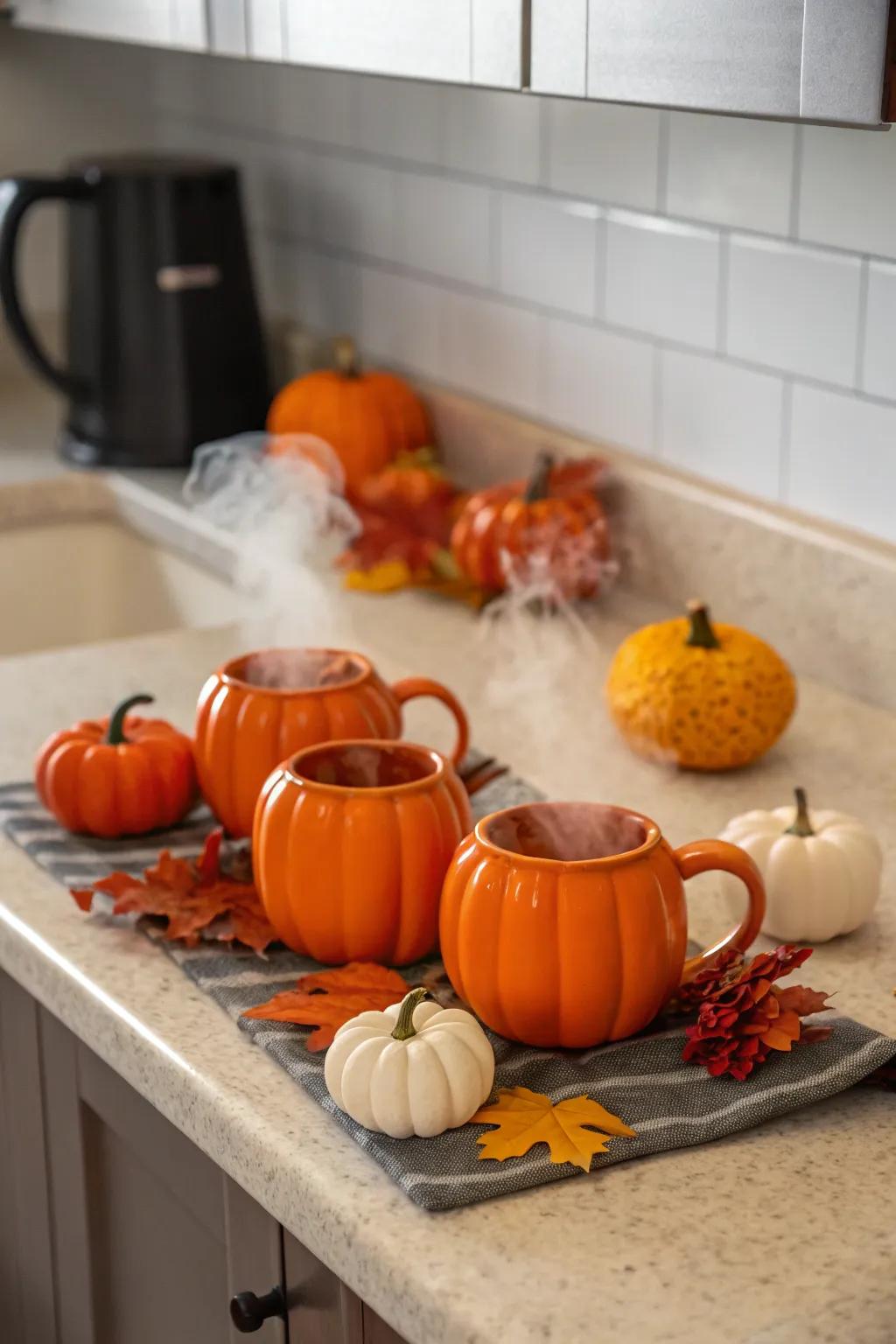 Pumpkin-shaped mugs perfect for your favorite fall drinks.
