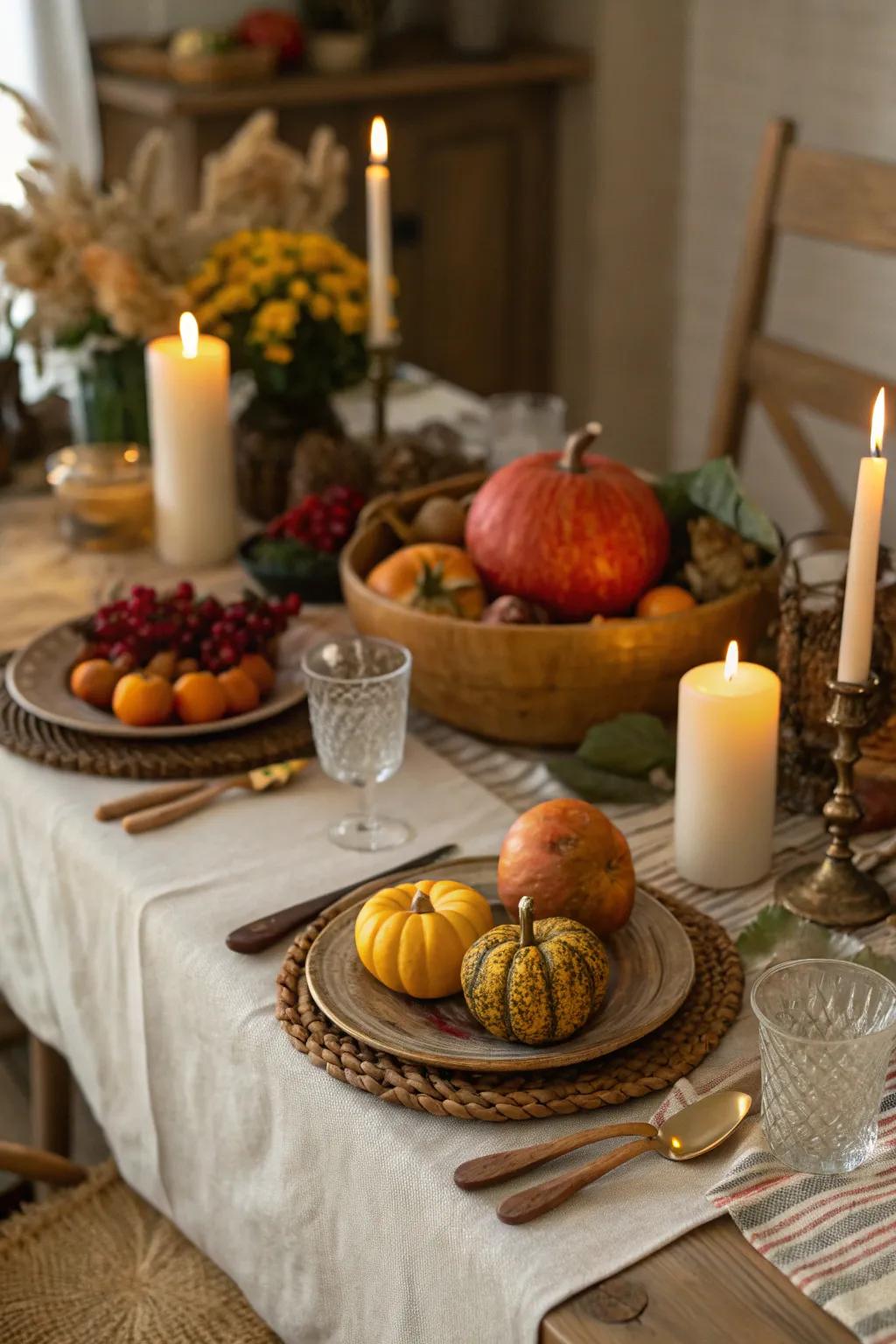 A rustic table set for a fall harvest feast.