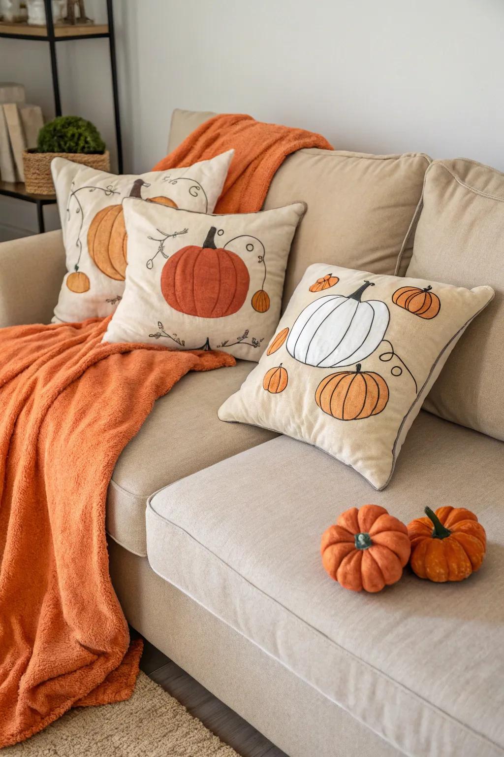 Welcome the spirit of fall with these adorable pumpkin-themed pillows.