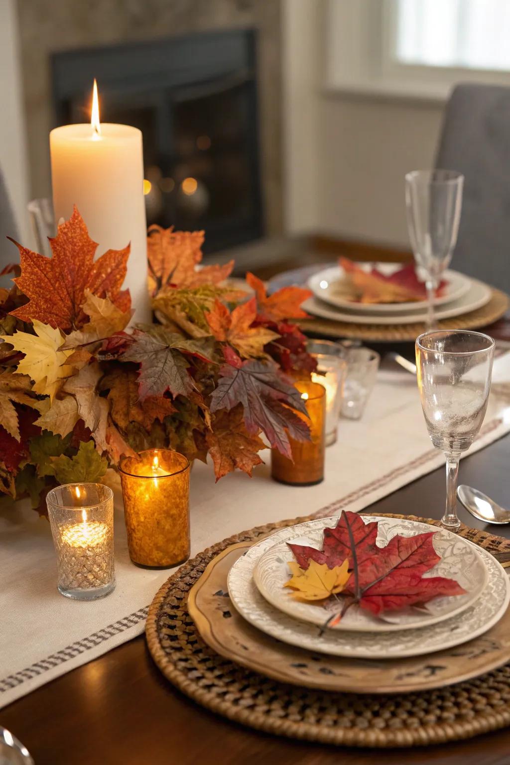 Create a stunning table centerpiece with autumn leaves.