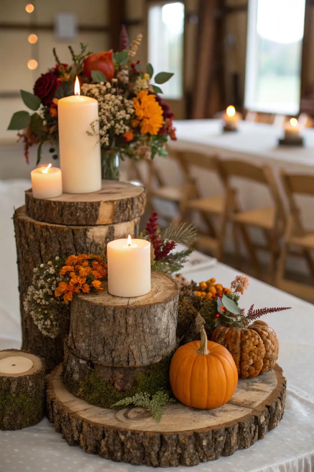 Native tree slices topped with lights and autumnal blooms create a warm and welcoming centerpiece.
