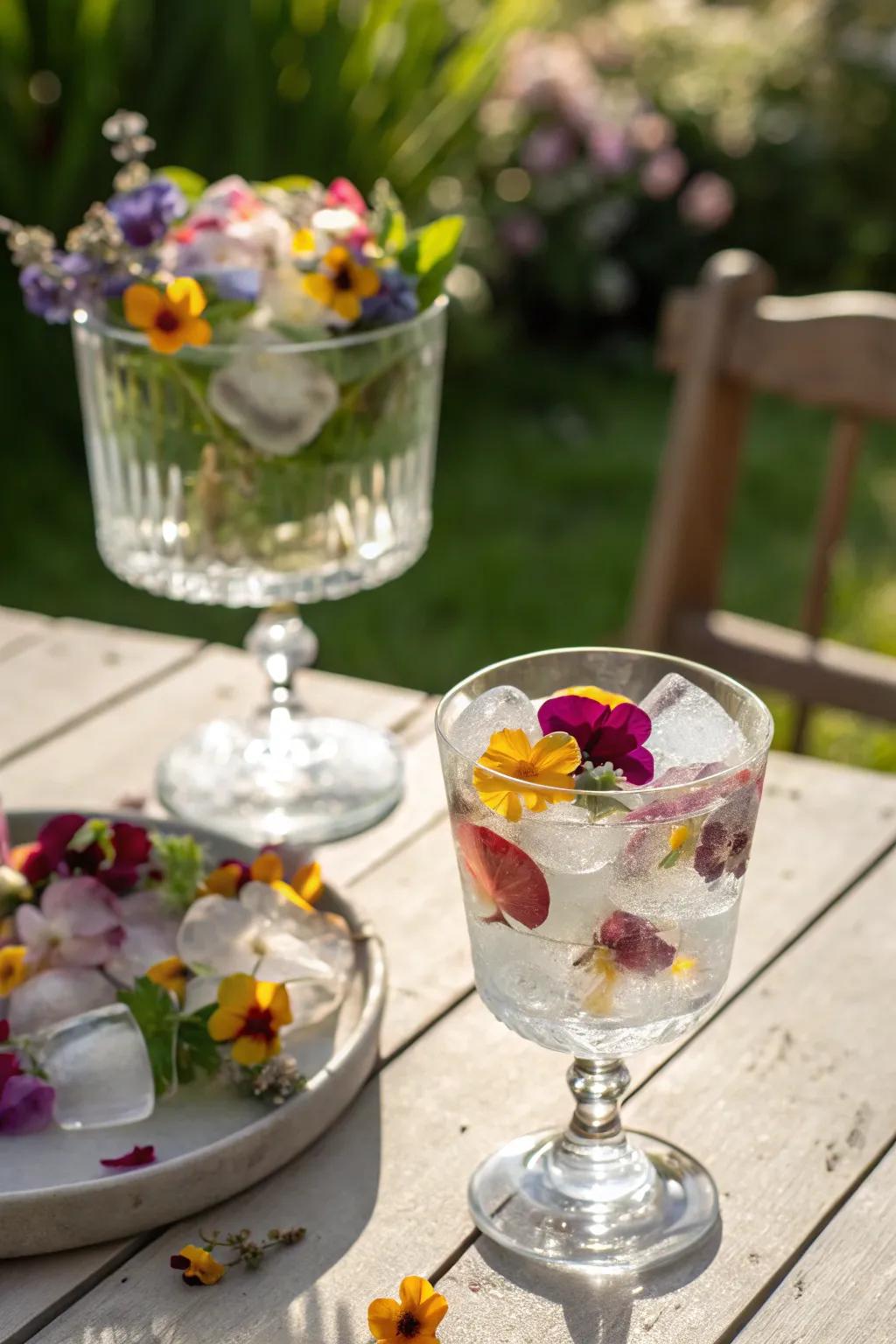Ice adorned with edible blossoms for a hint of refinement.