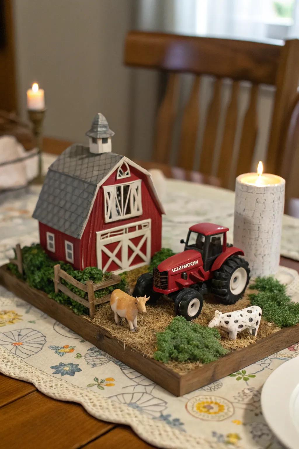 A whimsical pocket-sized farmyard scene infuses a lighthearted spirit into the table setting.