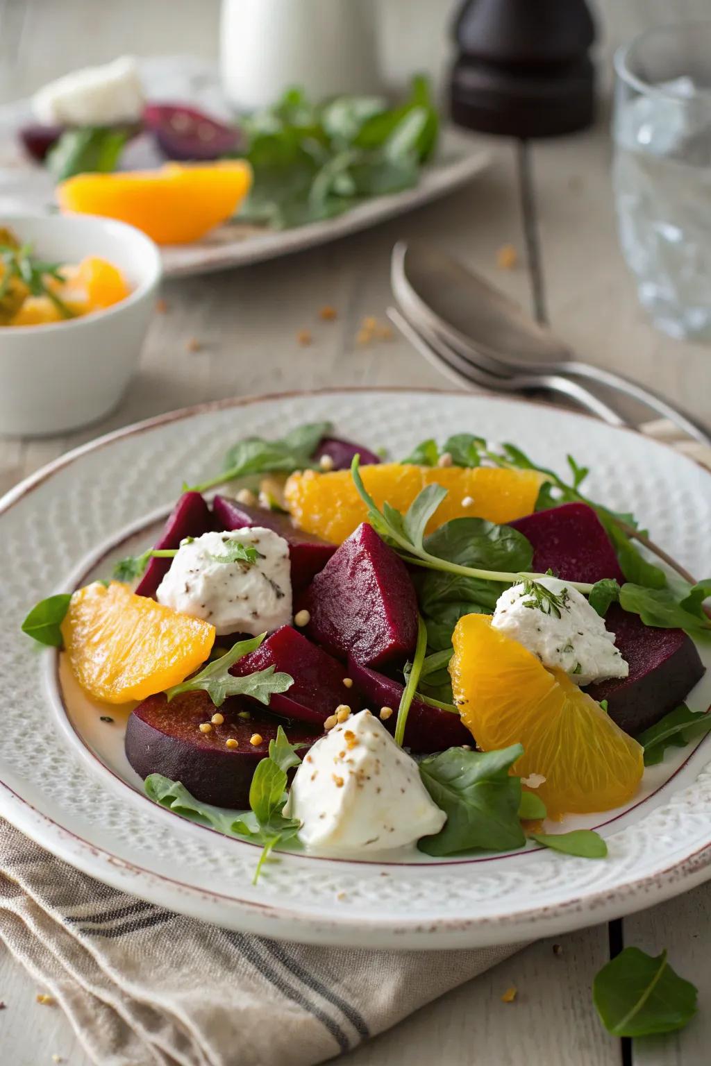 Earthy beets meet creamy ricotta in this visually captivating salad creation.