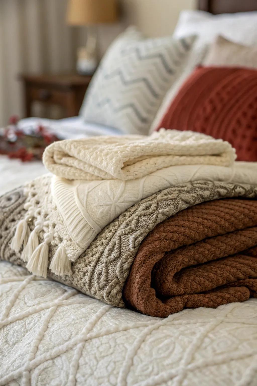 Layered materials include coziness and richness to the bedding.