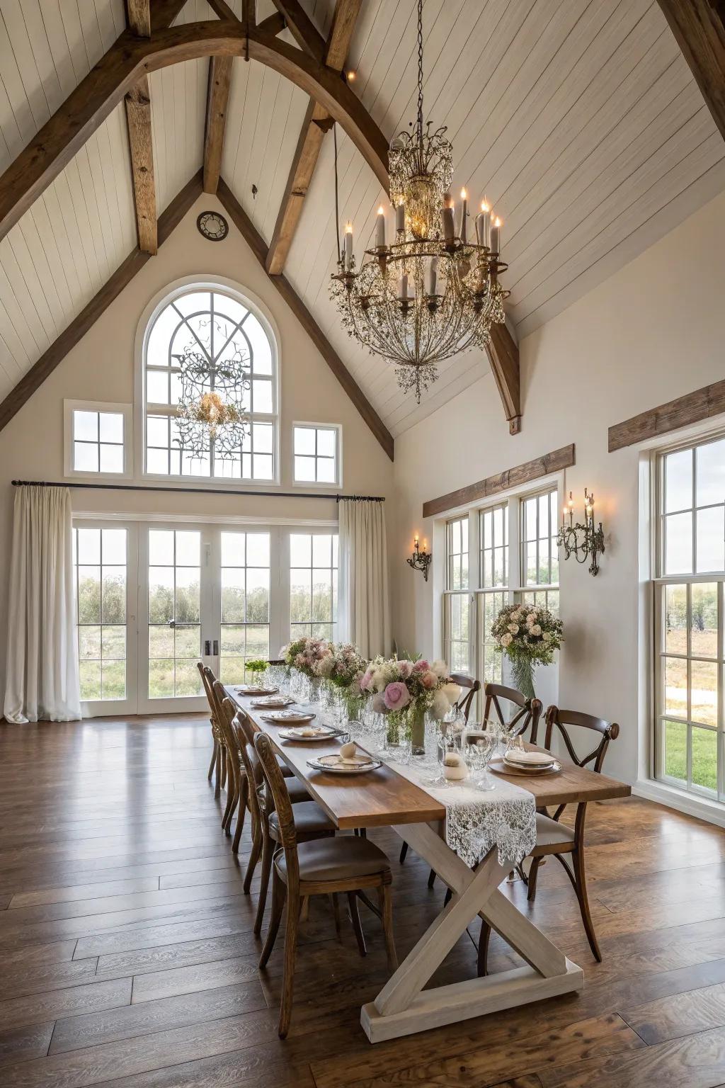 Ascending ceilings foster an expansive and breezy ambiance in this farmhouse dining area.