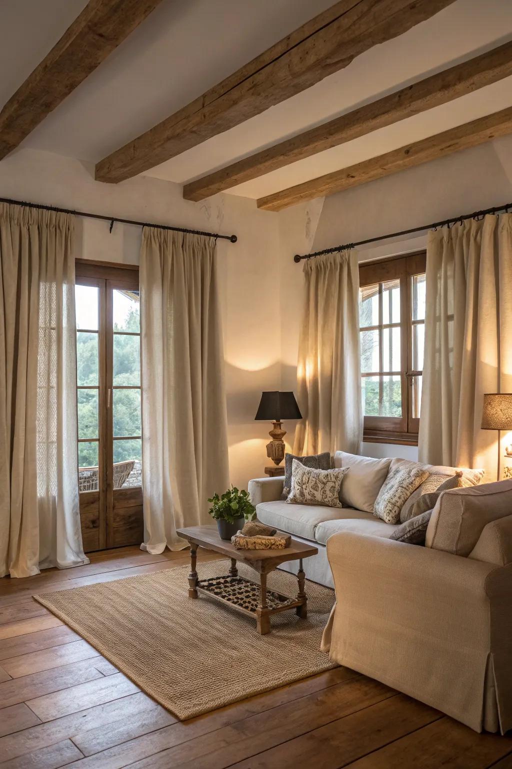 Neutral colored curtains complementing wooden floors in a peaceful farmhouse living room.