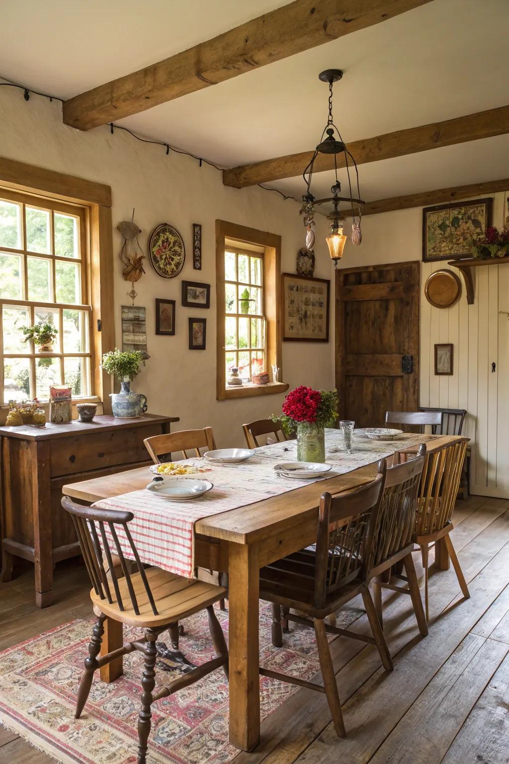 Varied seating choices add a snug and diverse vibe to this farmhouse dining space.