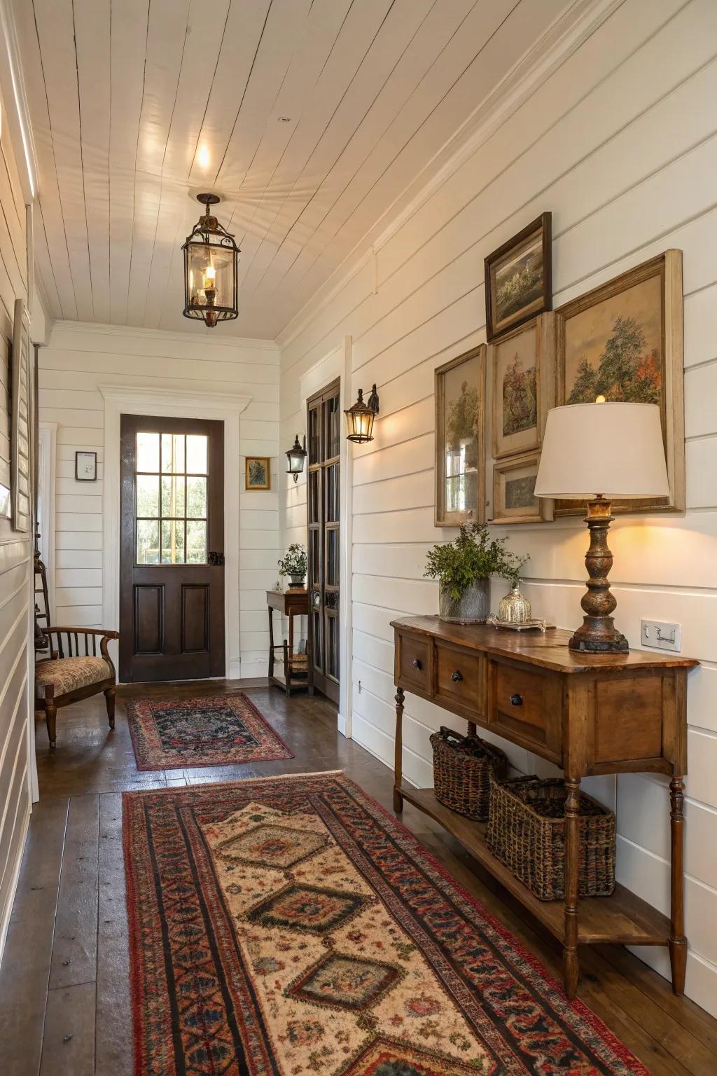 Farmhouse entryway presenting refined shiplap walls for a timeless charm.