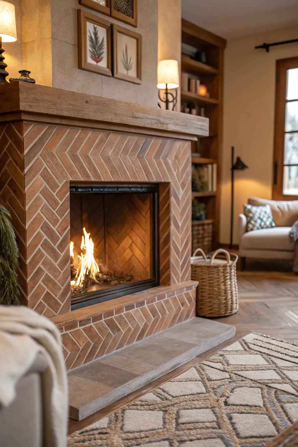 A refined zigzag tile arrangement adorning a farmhouse fireplace.