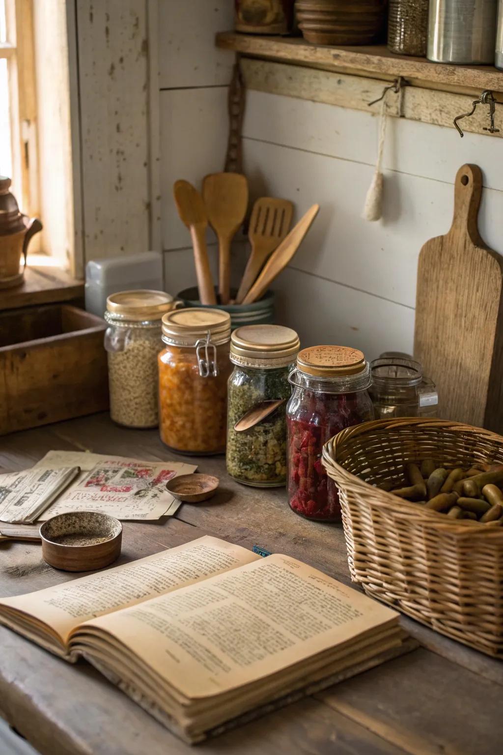 Appealing classic preserving containers enhancing the charm of a farmhouse kitchen.