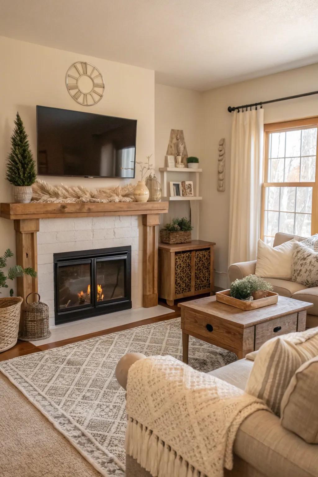 A tranquil farmhouse mantel displaying a muted color palette with a TV positioned above.