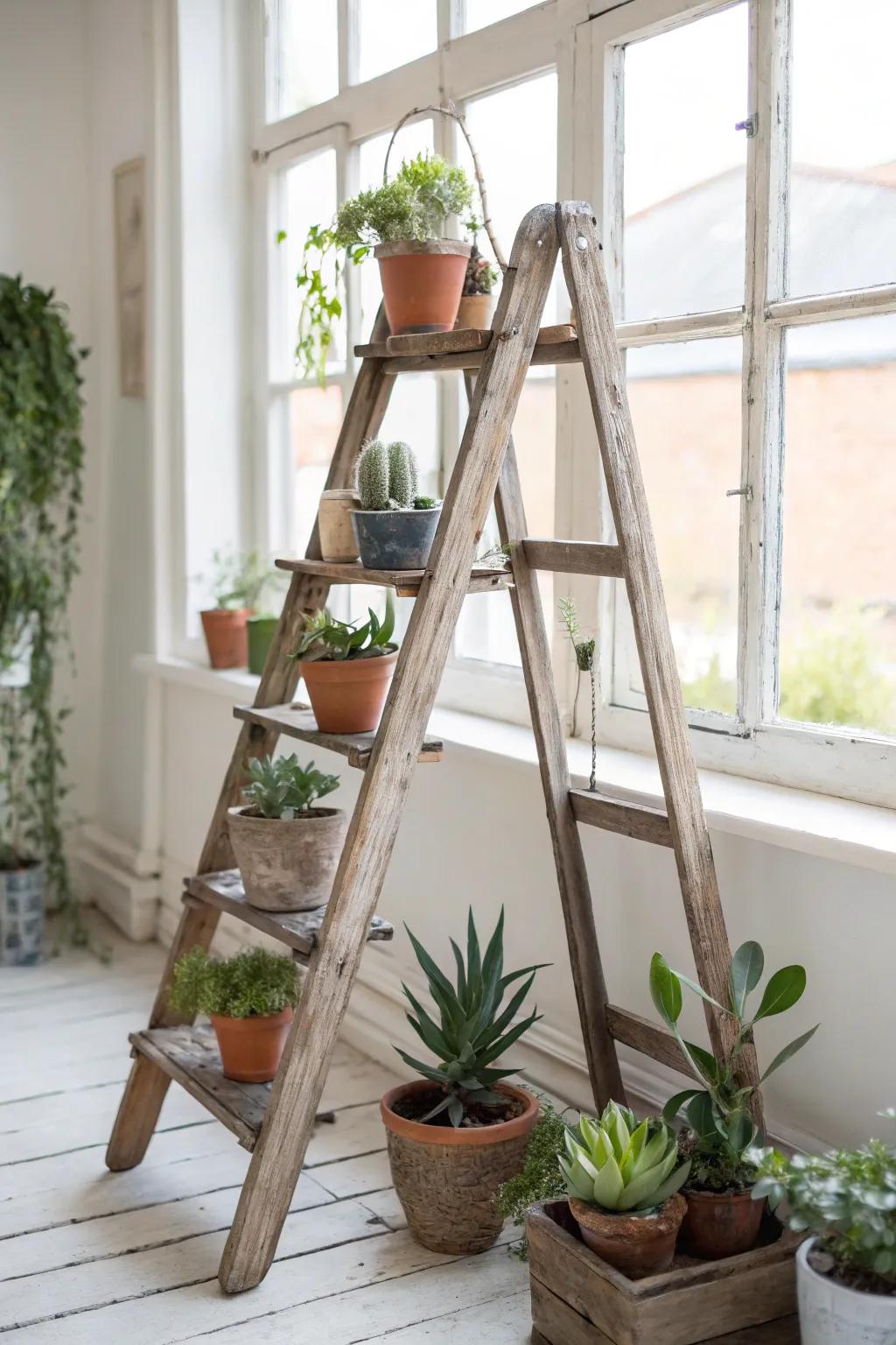A wooden ladder creatively transformed into a vertical botanical display