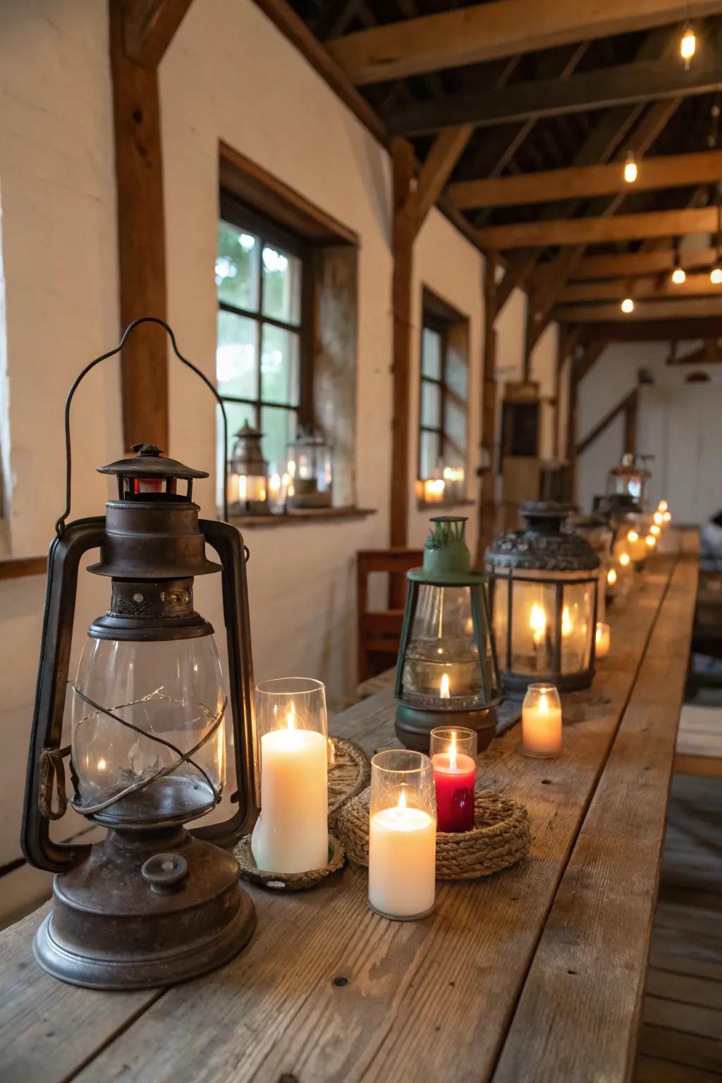 Lanterns with candles cast a toasty, welcoming radiance across any table arrangement.
